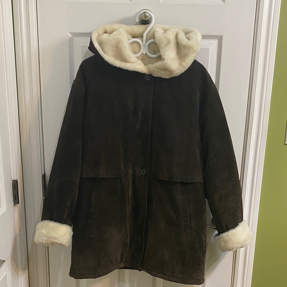 J.G. HOOK Brown SUEDE LEATHER Faux FUR LINED COAT Y2K Vintage Jacket Hood Large